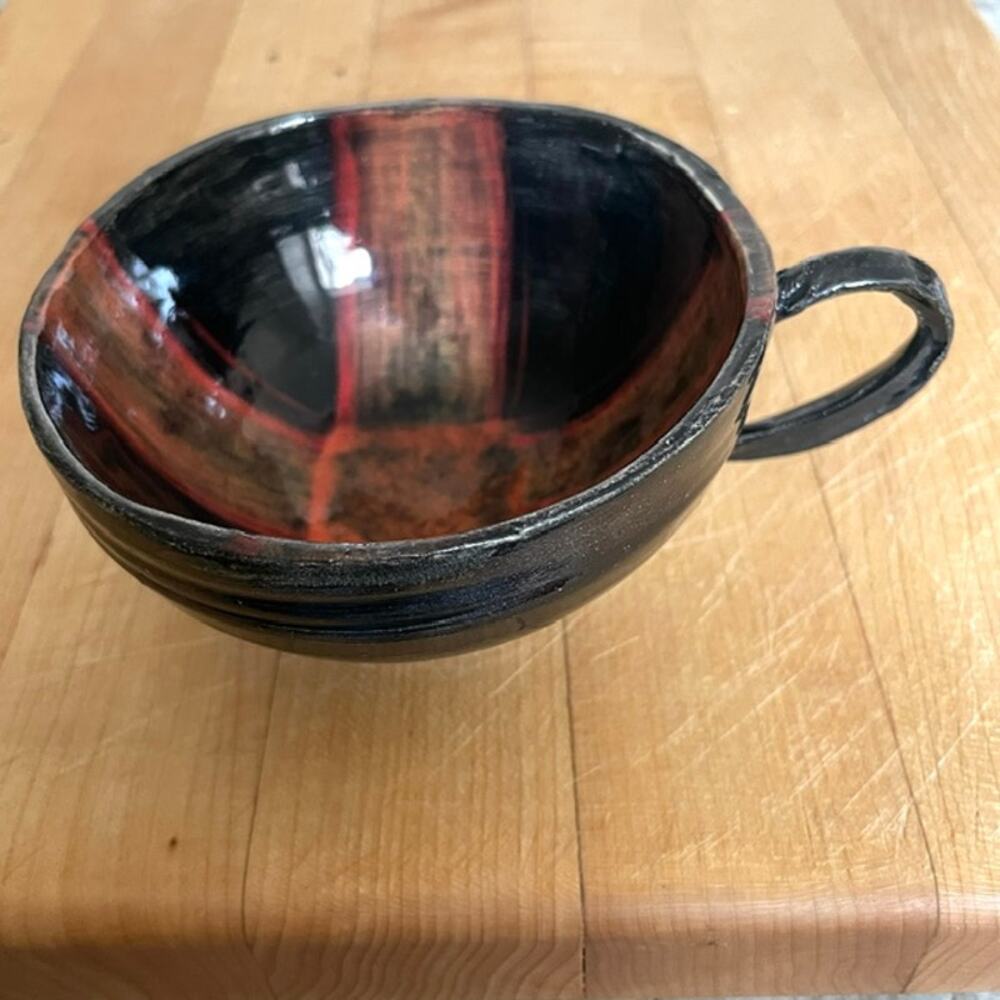 Vintage Studio Pottery Coffee Mug Bowl Hand Painted Rustic Black Red Ceramic